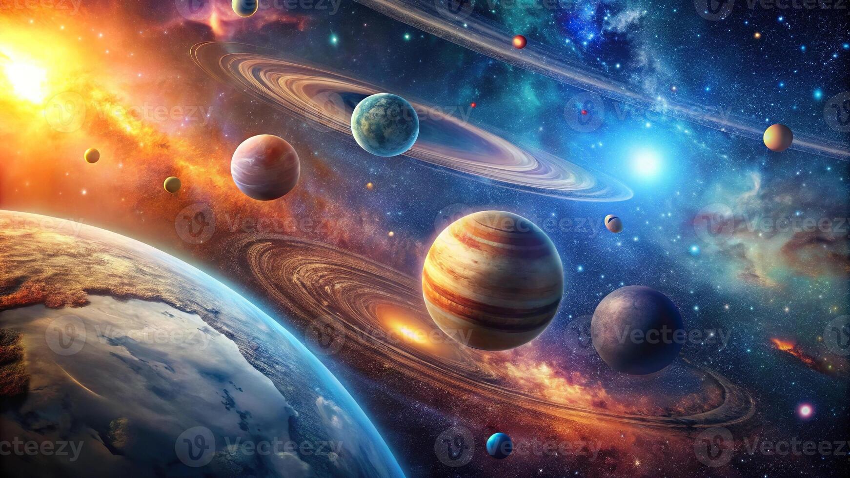 Abstract celestial art with extreme close-up of planets and stars photo