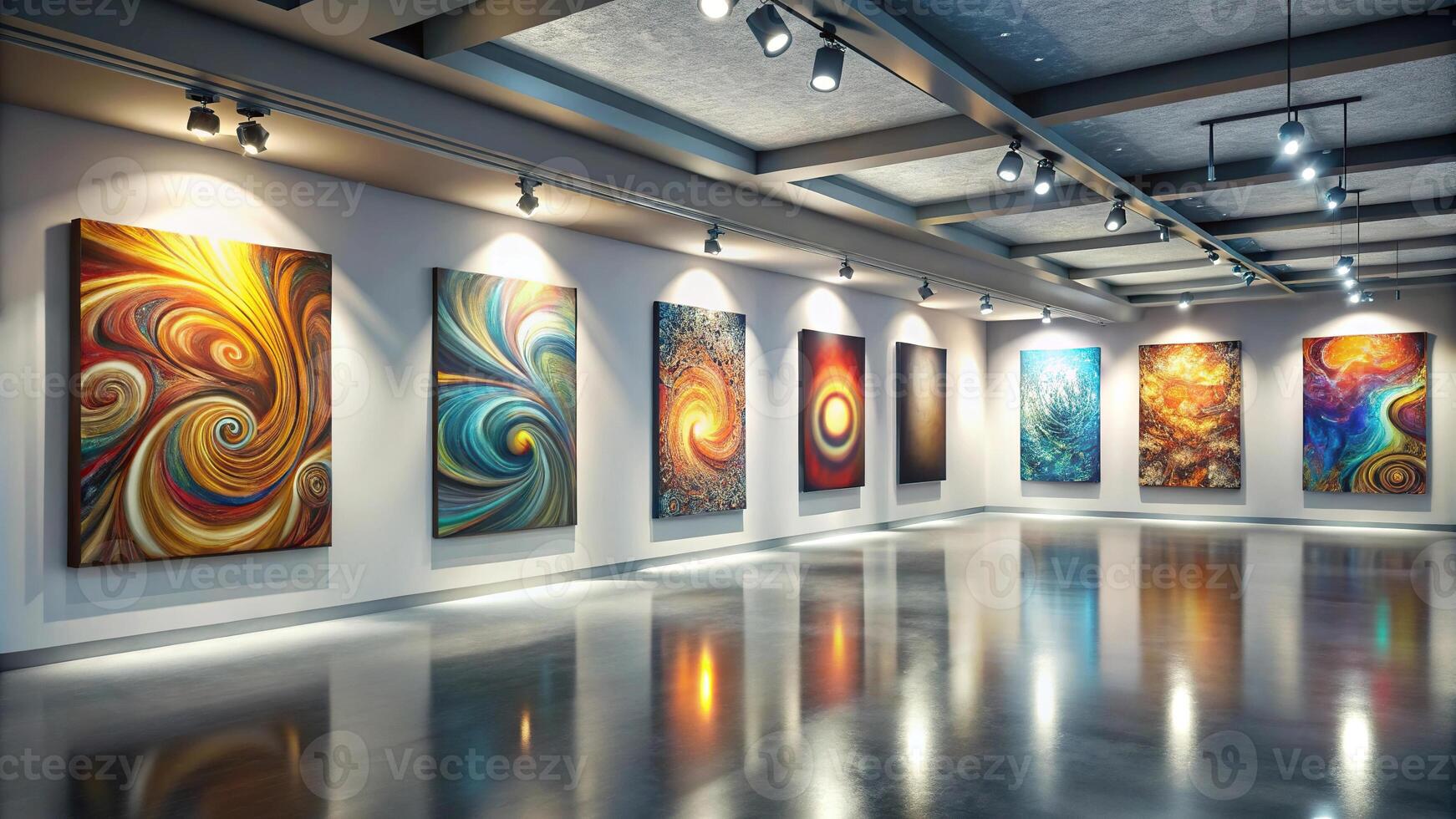 Abstract art gallery with intricate swirl patterns and modern lighting long shot photo