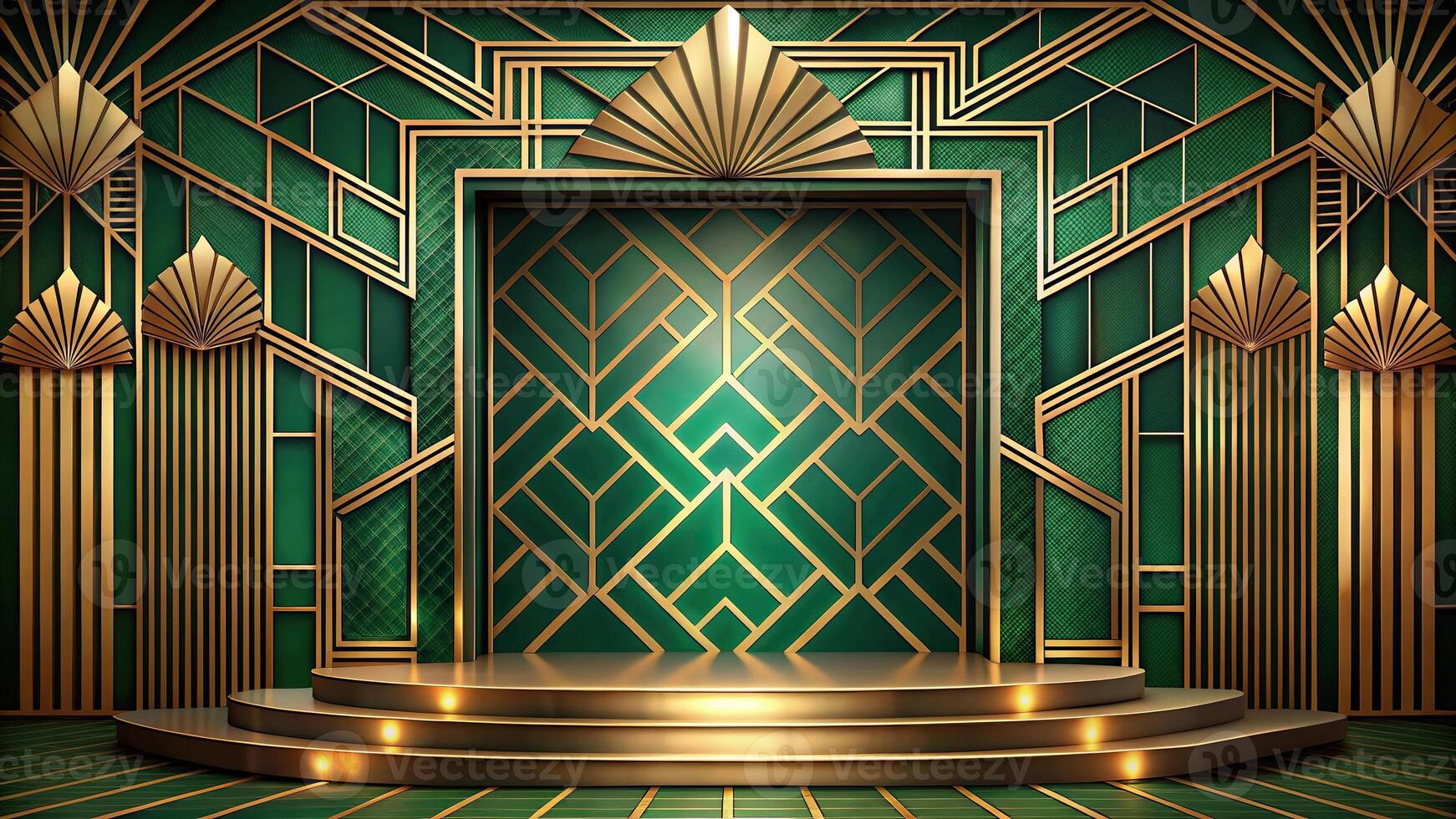 Abstract Art Deco stage design with green and gold accents and geometric pattern photo