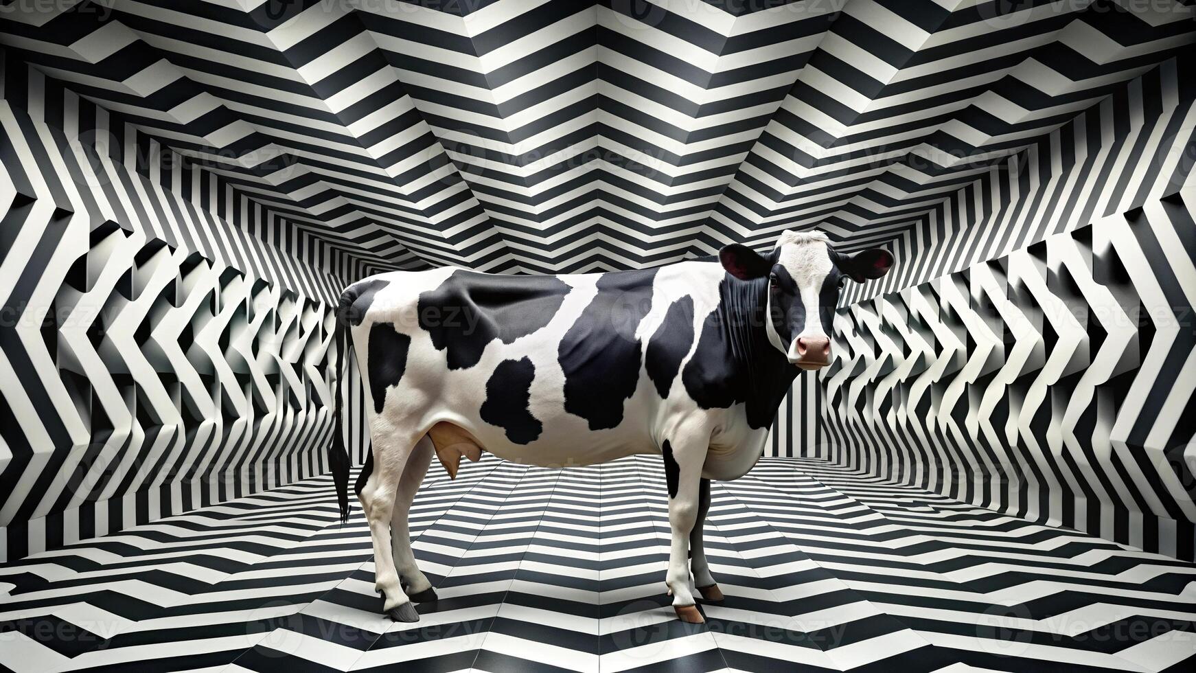 abstract art piece with black and white cow patterns integrated into geometric shapes photo