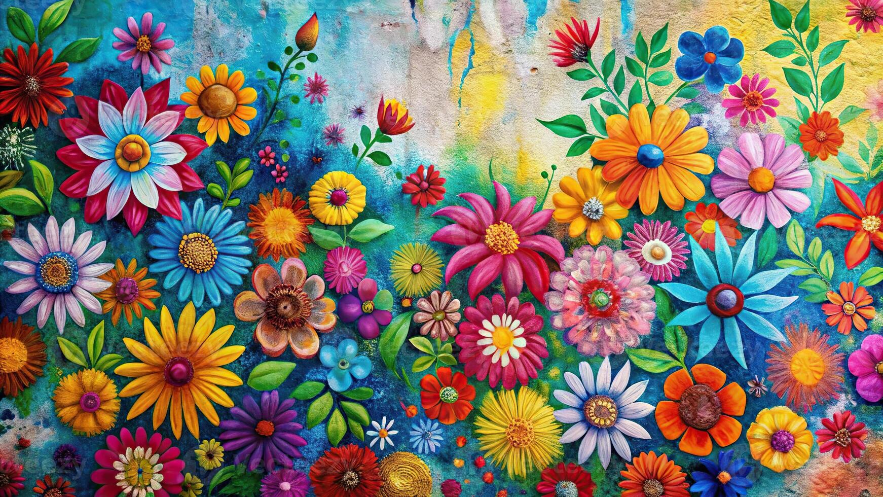 Abstract background of colorful flowers painted on a wall silhouette photo