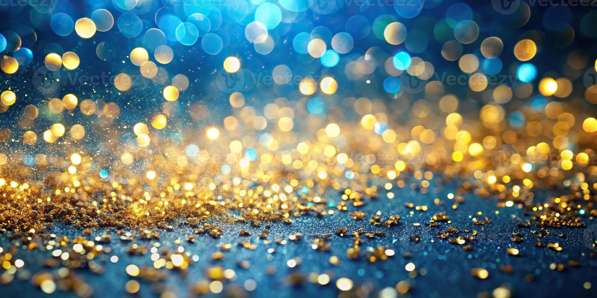 Abstract background of defocused gold glitter lights and confetti on blue with bokeh photo
