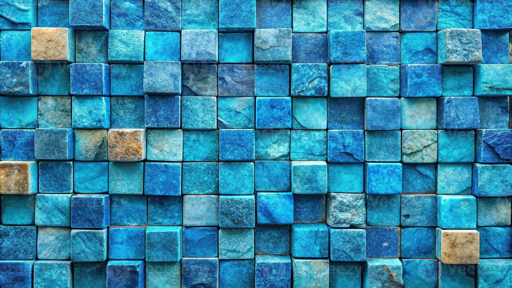 abstract background of a wall of square stones mostly blue in color Panoramic photo