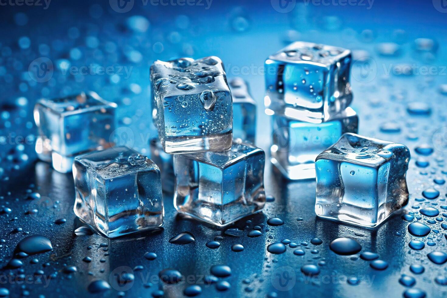 Abstract background featuring tilted angle cubes of ice and drops on blue surface, with copy space photo