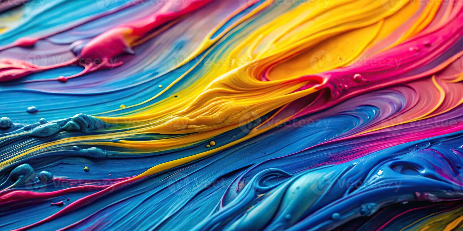 Abstract background of acrylic paint in blue, pink, and yellow colors at a tilted angle photo
