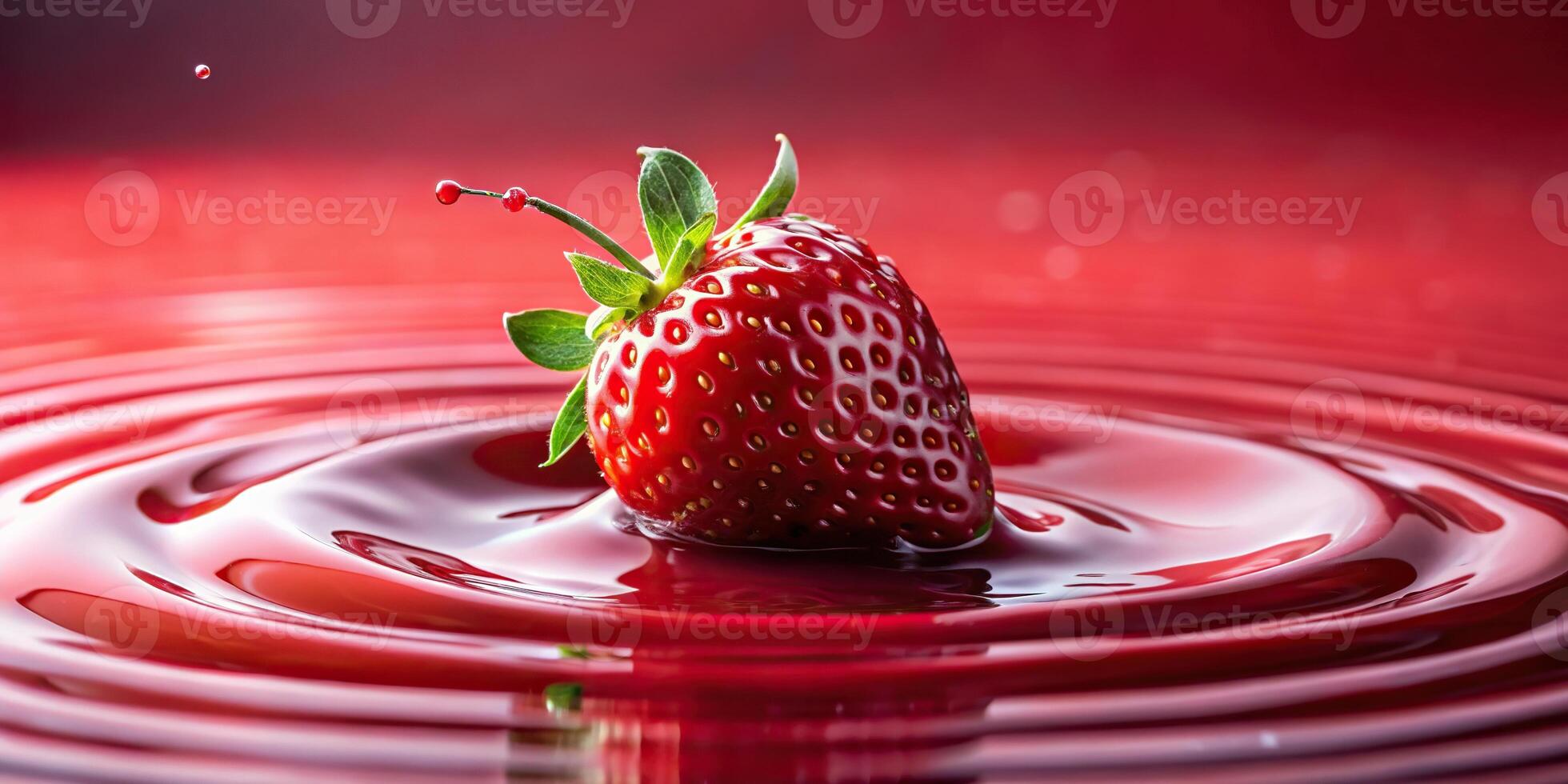 A single strawberry sinking into a red liquid splash with depth of field photo