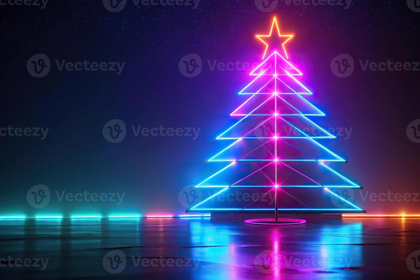 A stunning aerial view of a futuristic Christmas tree illuminated by neon lights photo