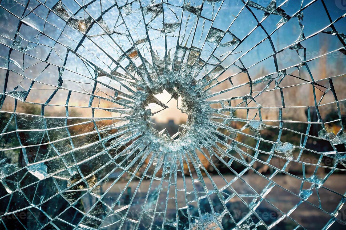 A shattered glass window with shards of glass scattered around it photo