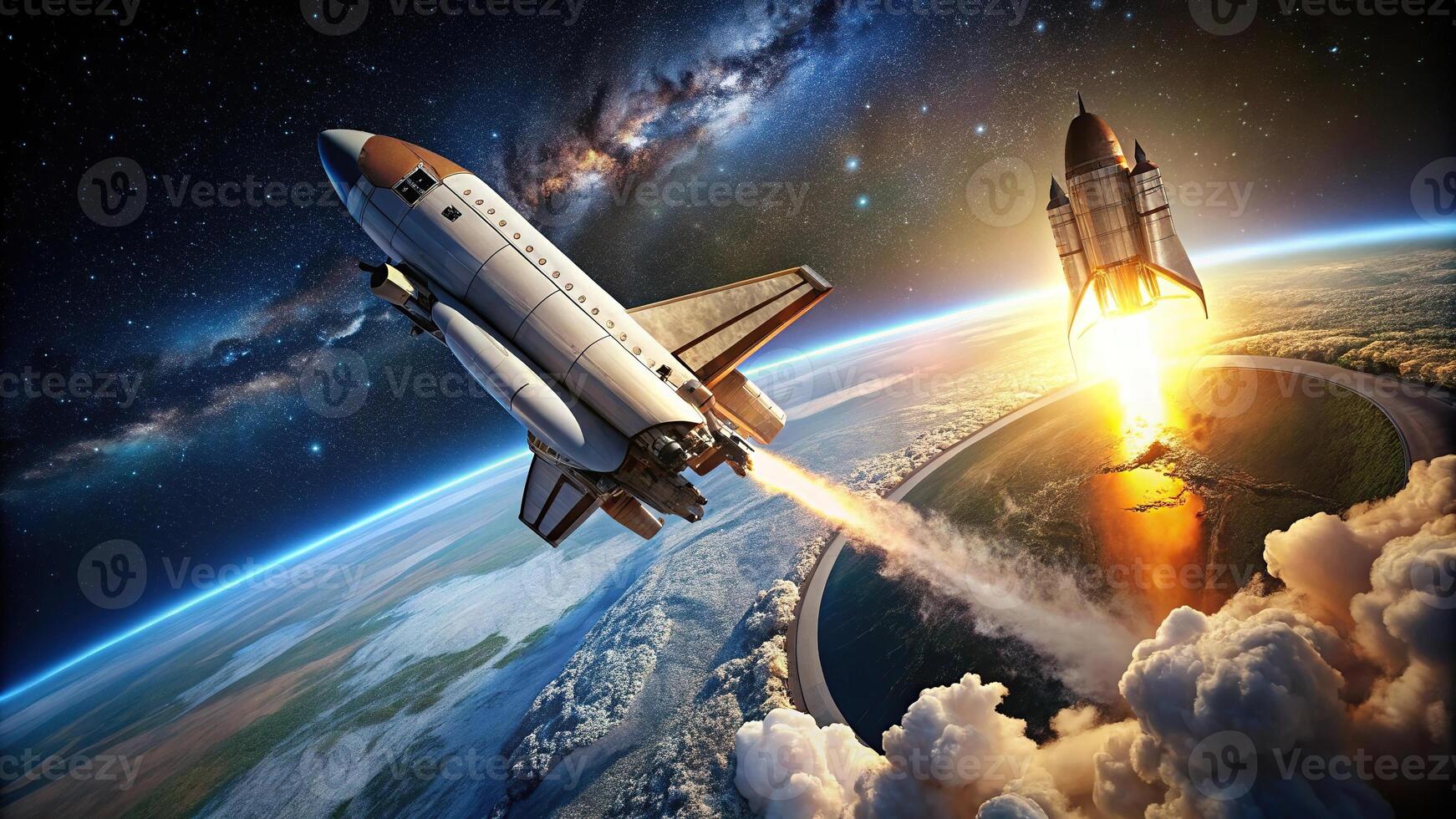 A space shuttle taking off with Earth in background photo