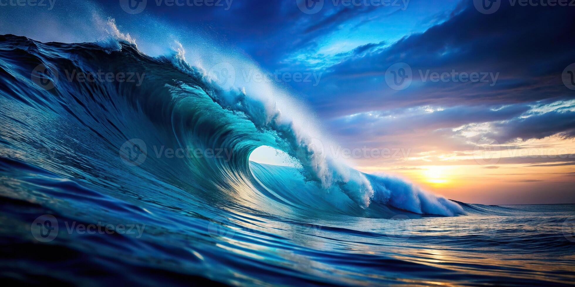 Abstract blurred wave pattern in tilted angle with grain noise on blue sky gradient background photo