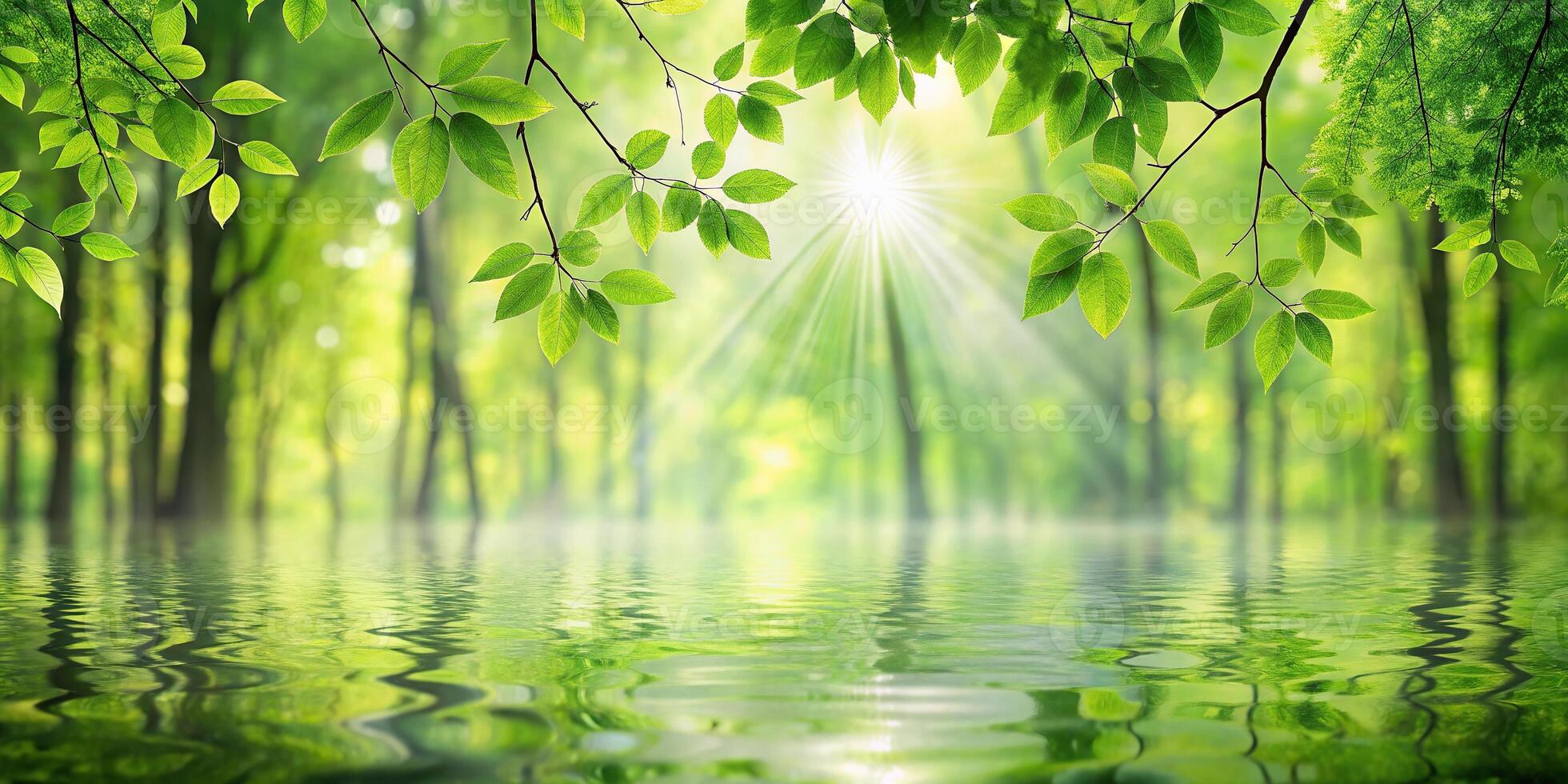 A serene forest scene with sunlight filtering through green leaves photo