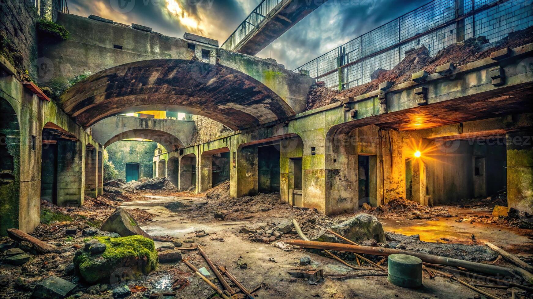 Abandoned underground fortification destroyed building military base macro photo