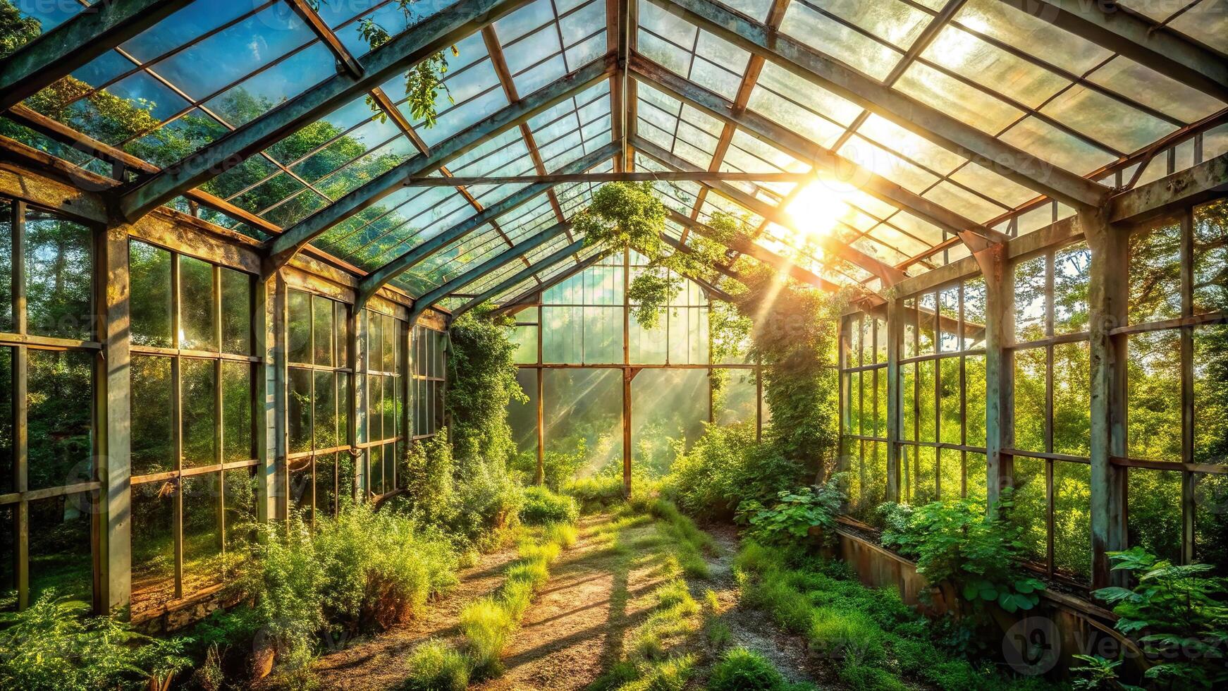 Abandoned greenhouse reflecting sunlight and overgrown with vegetation photo
