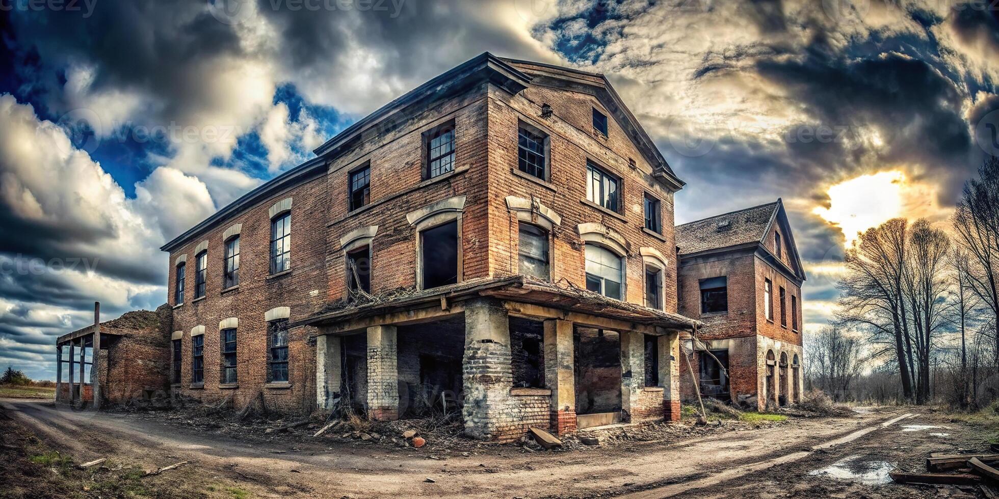 Abandoned building stage for chilling crime scene at night, captured with wide-angle lens photo