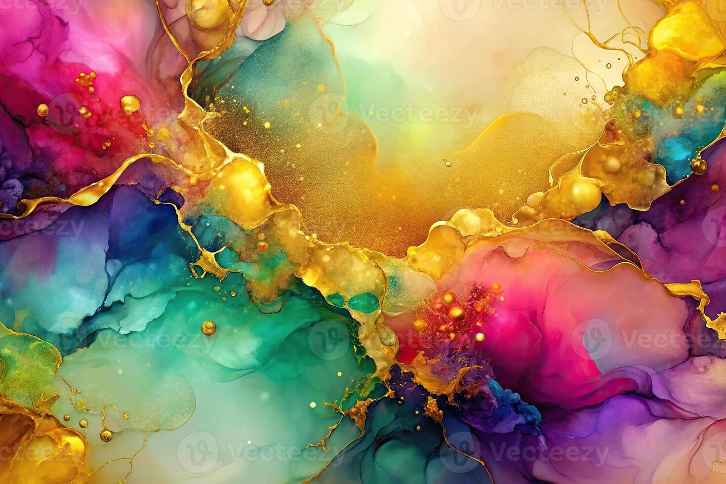 abstract alcohol ink painting with gold background reflecting colorful patterns photo