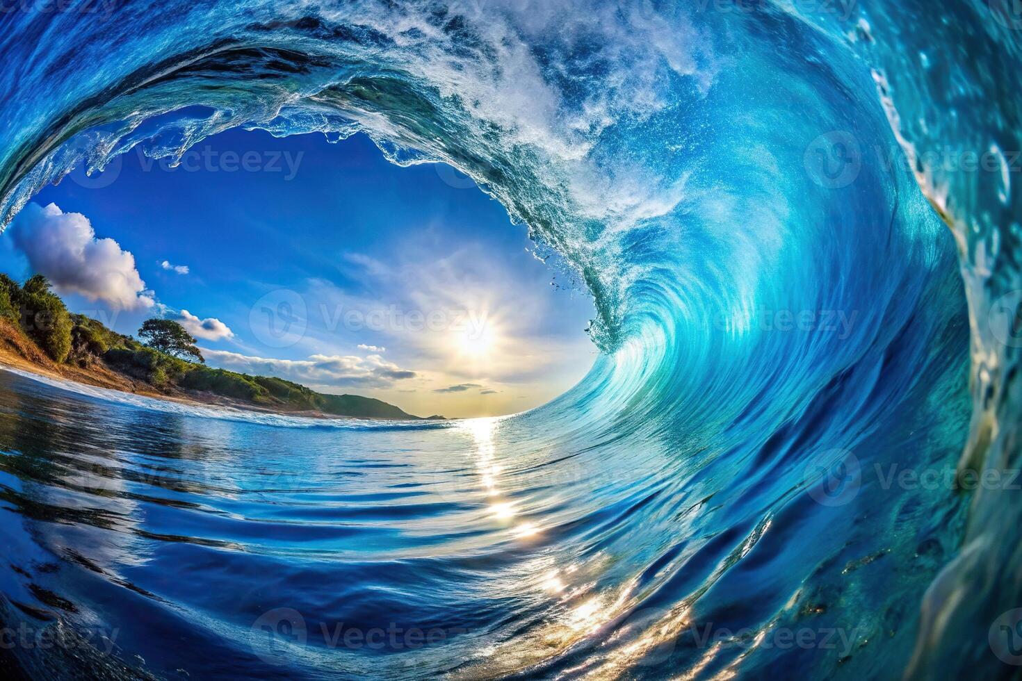 Abstract blue background with wave-like patterns, perfect for copy space in fisheye lens photography photo
