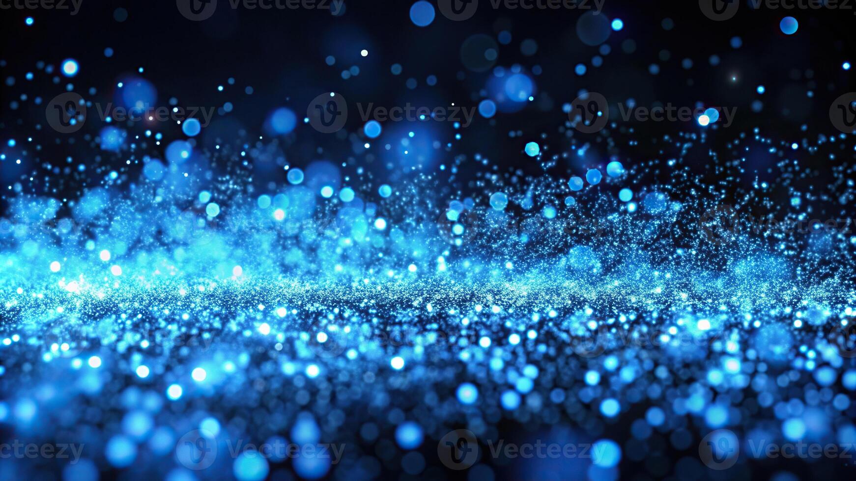 Abstract blue glowing particles background with white light and black space Depth of Field photo