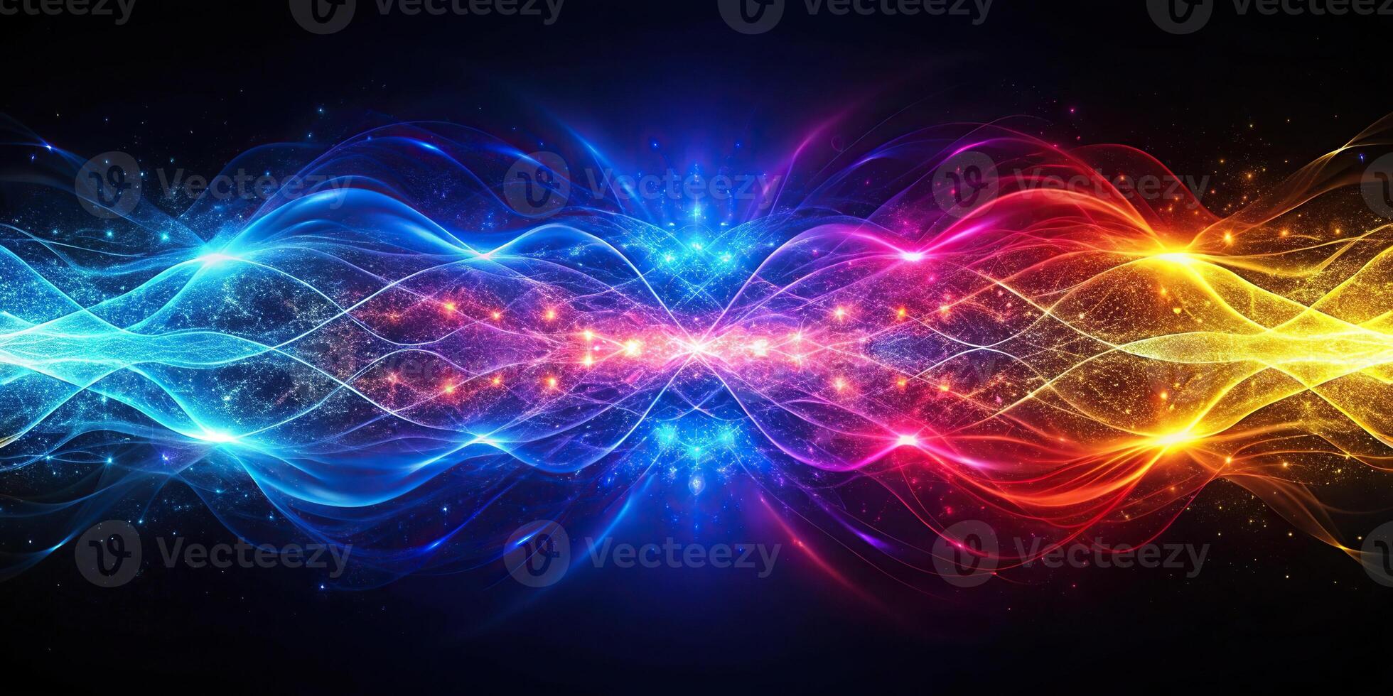 abstract blue purple red yellow mix background with glowing particle waves, symmetrical photo