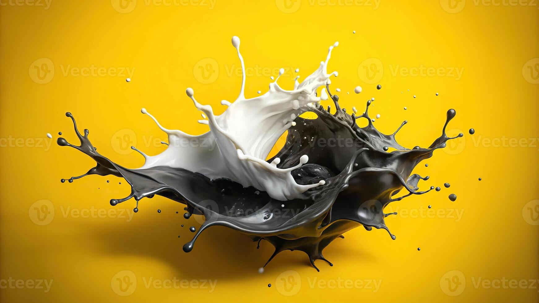 Abstract black and white paint splash on yellow background photo