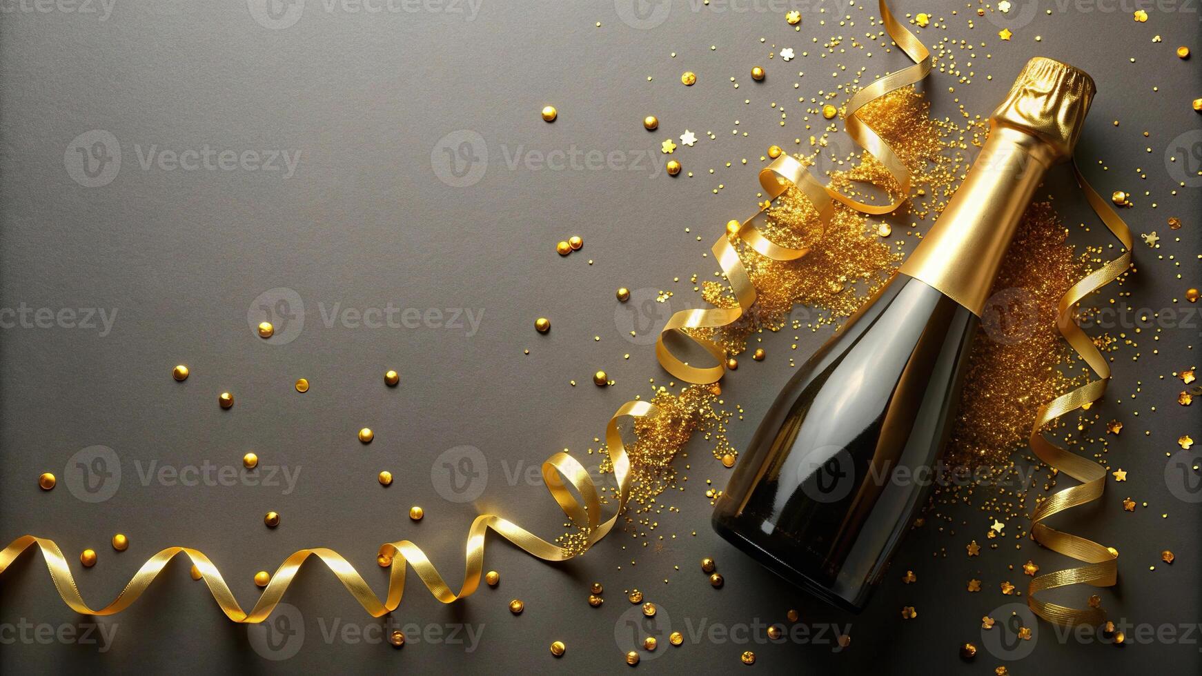 A bottle of champagne with gold ribbon and confetti on aerial view photo