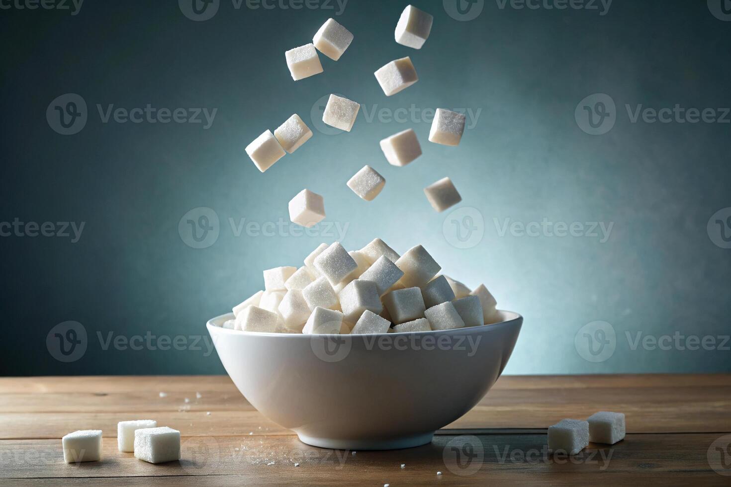 A bowl of sugar cubes falling in the air photo