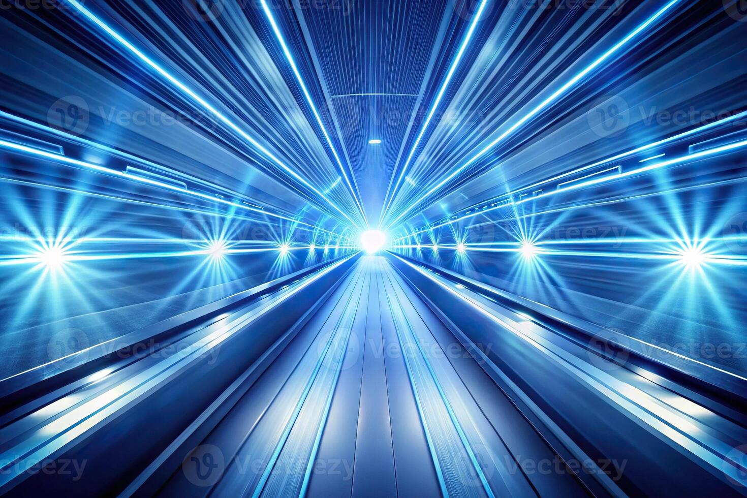 Abstract blue and white light streaks resembling futuristic tunnel or hyperspace travel photo