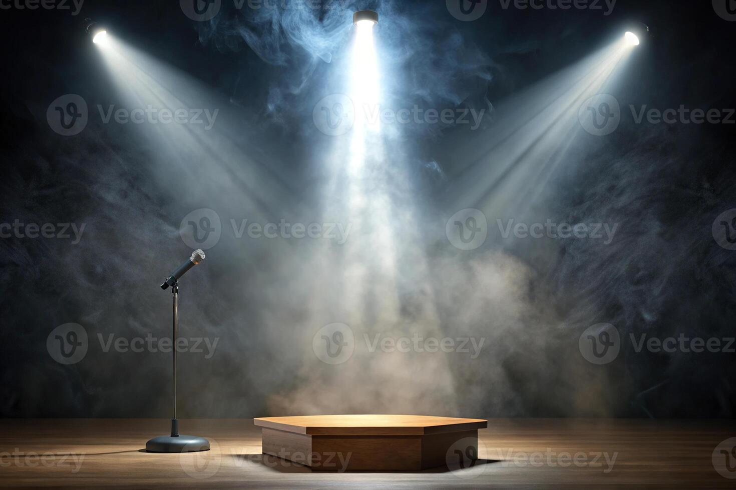A dramatic image of a spotlight illuminating a night scene with a tilted podium in the foreground photo