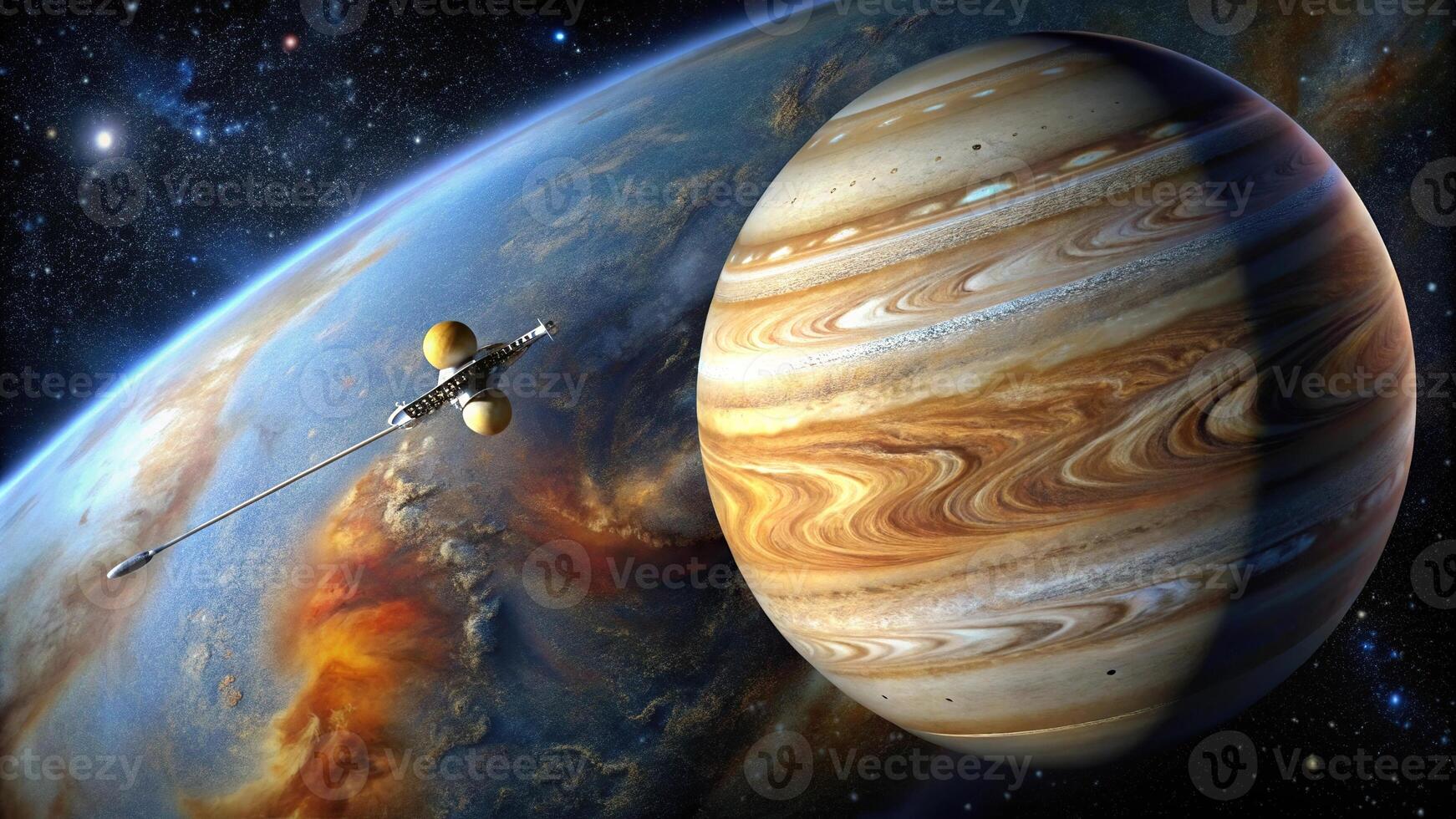 A breathtaking image of Jupiter in deep space alongside Voyager space probe flyby photo