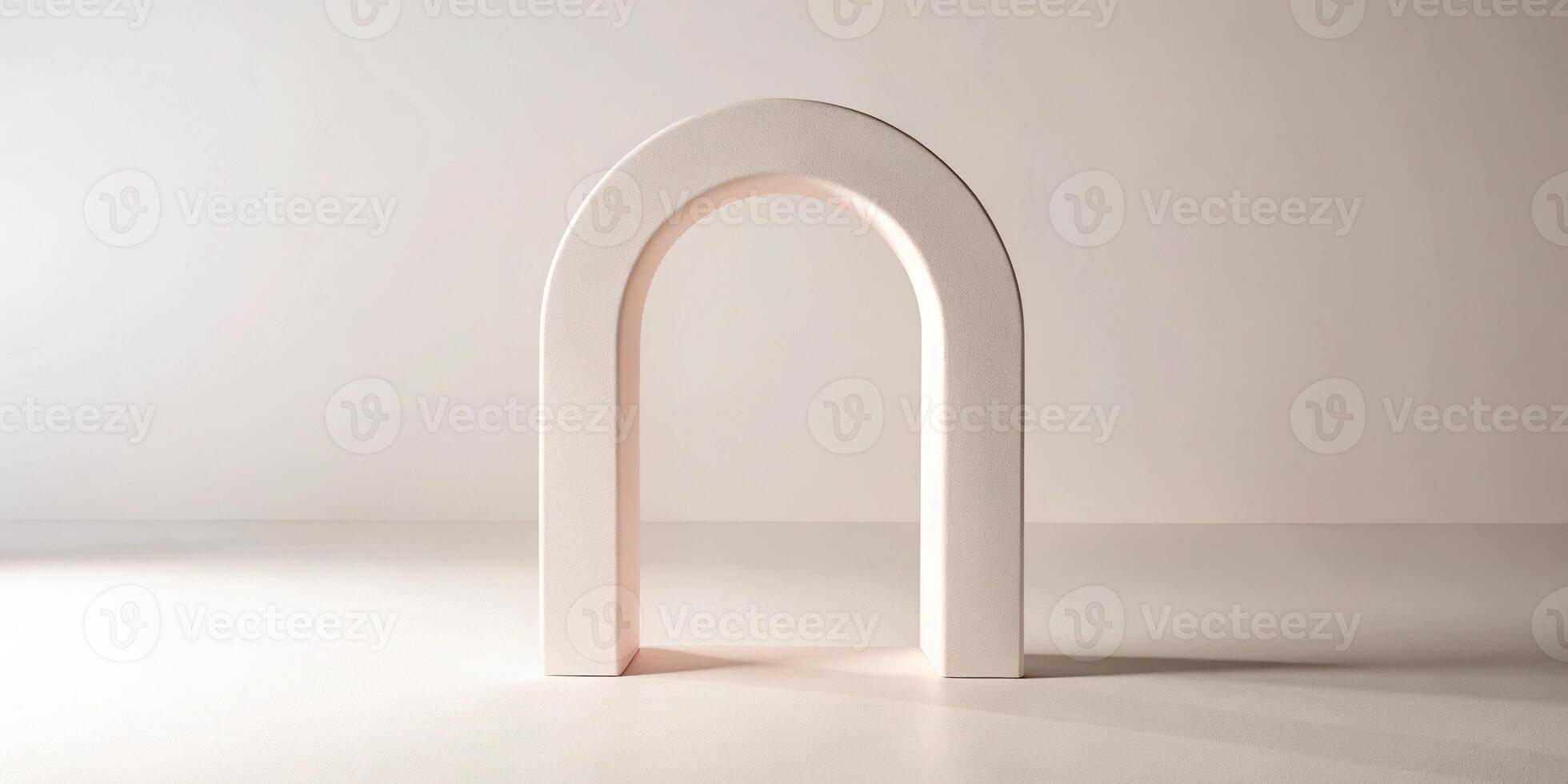 A clean white background with a pastel pink clay archway casting a shadow photo