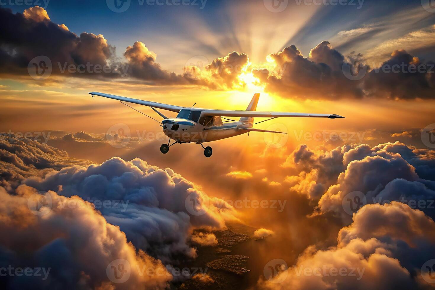 A light plane flying through clouds at sunset photo