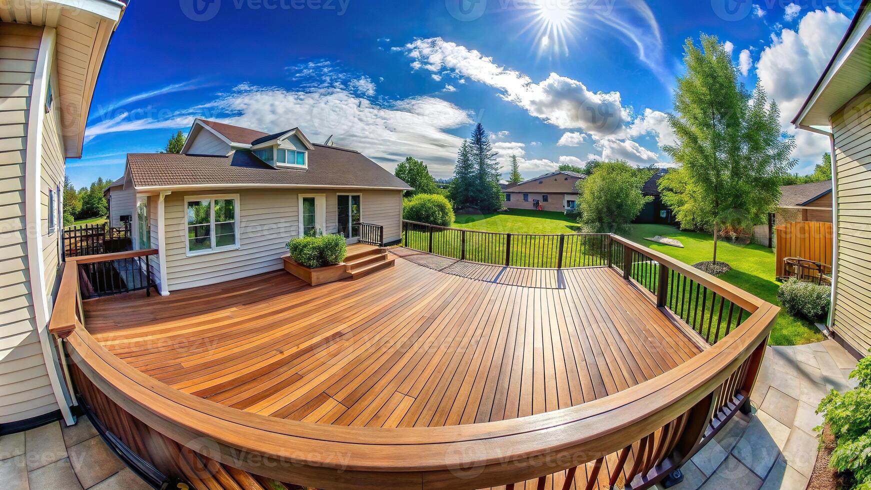 A fisheye view of a residential backyard with a composite deck photo