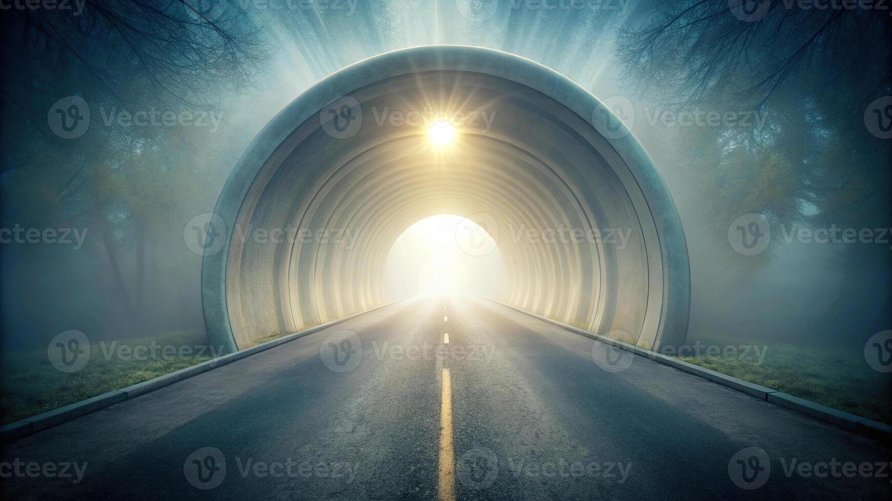 A dreamy tunnel with soft light filtering through mist photo