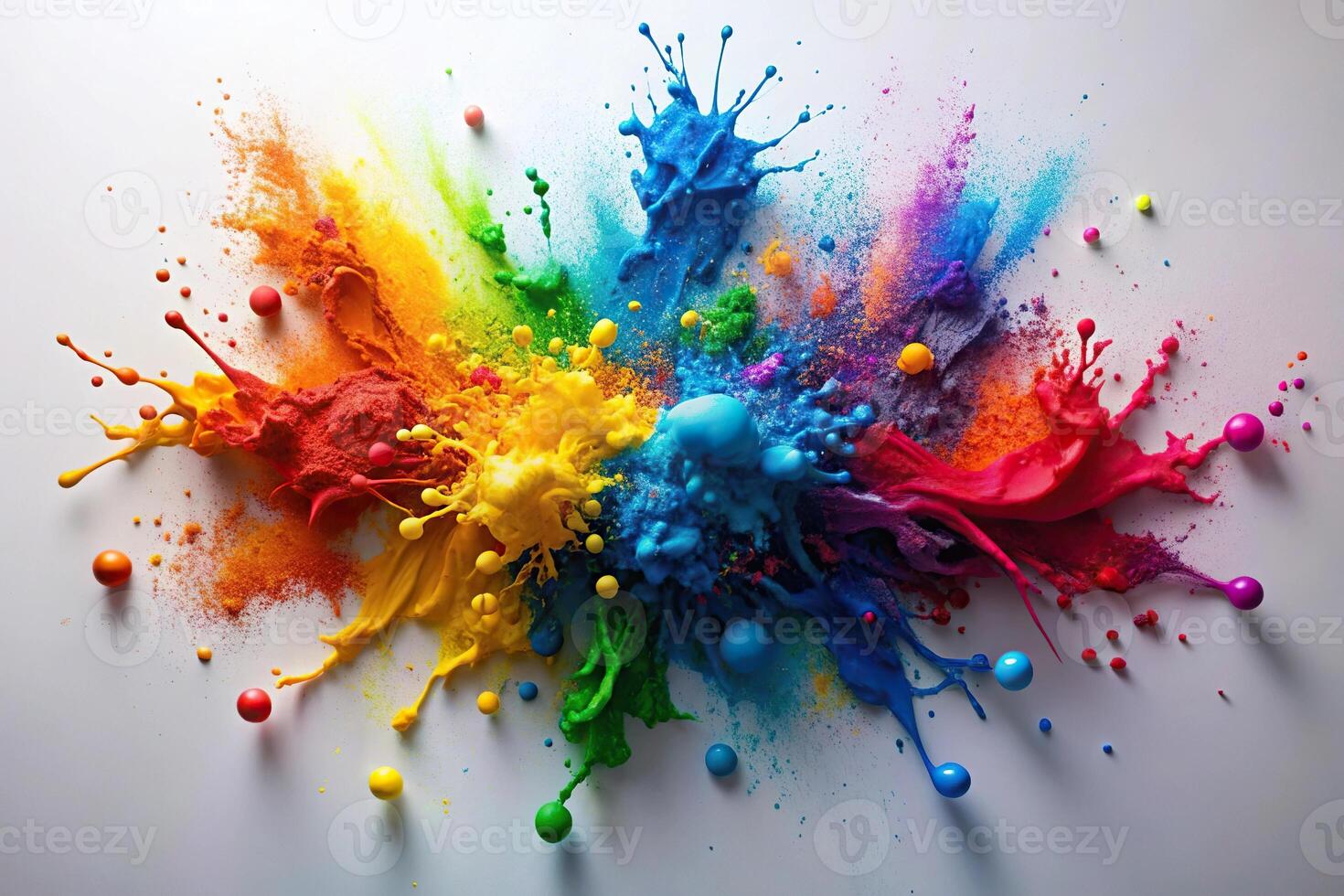 Abstract bird's eye view of multicolored paint splashes on white background photo