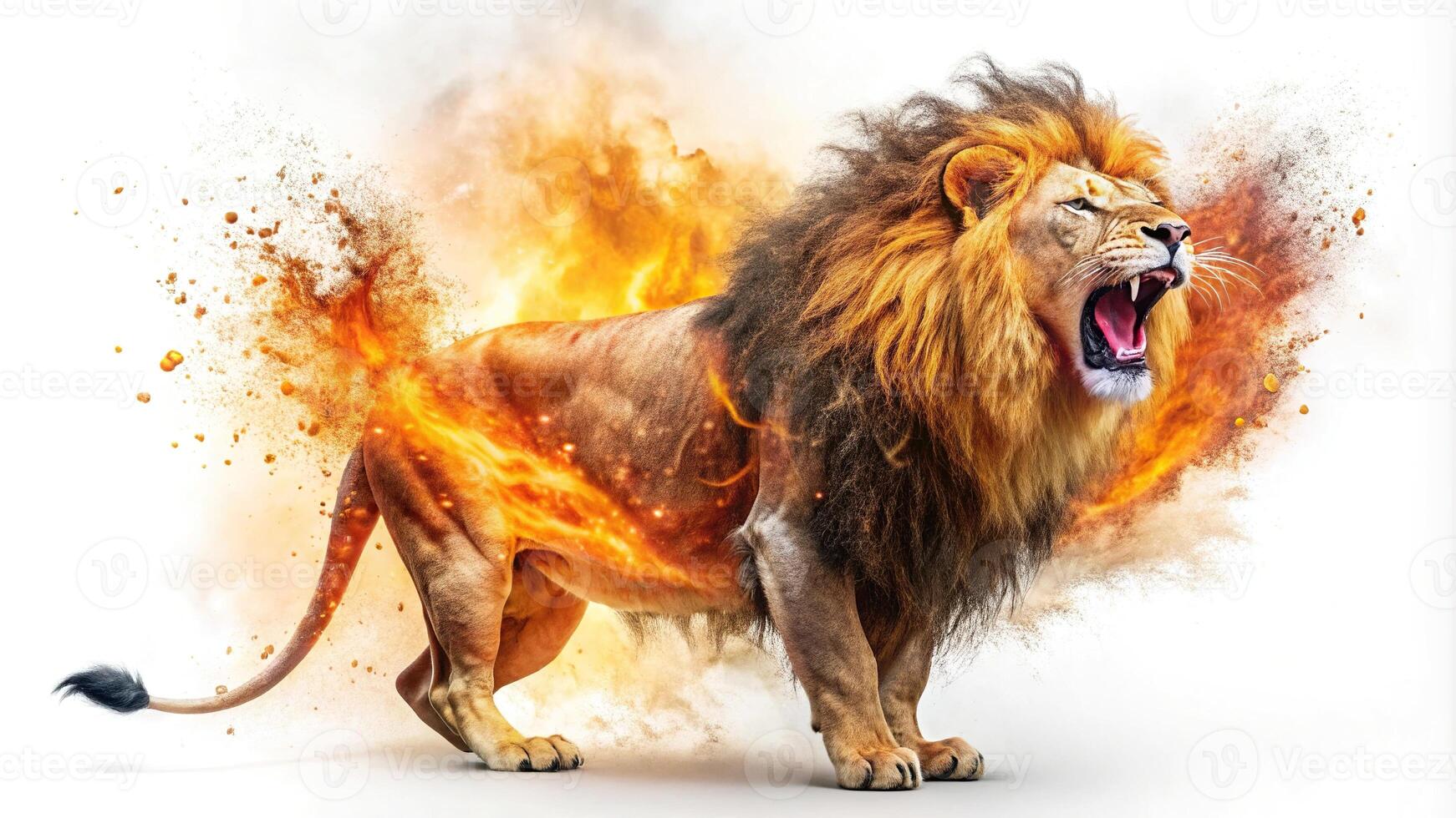 A lion roars with flaming mane in forced perspective photo