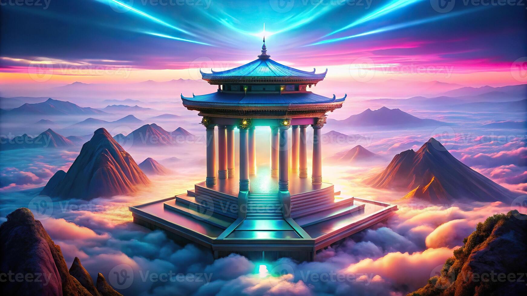 A mesmerizing landscape featuring a holographic temple surrounded by duckies photo