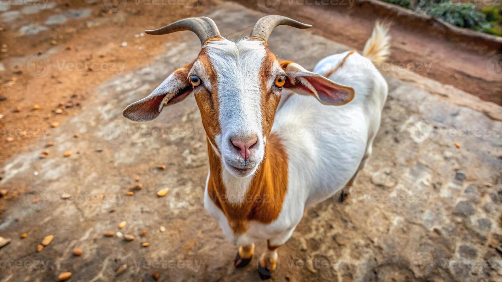 A majestic white and brown Eid ul Adha goat pictured from above photo