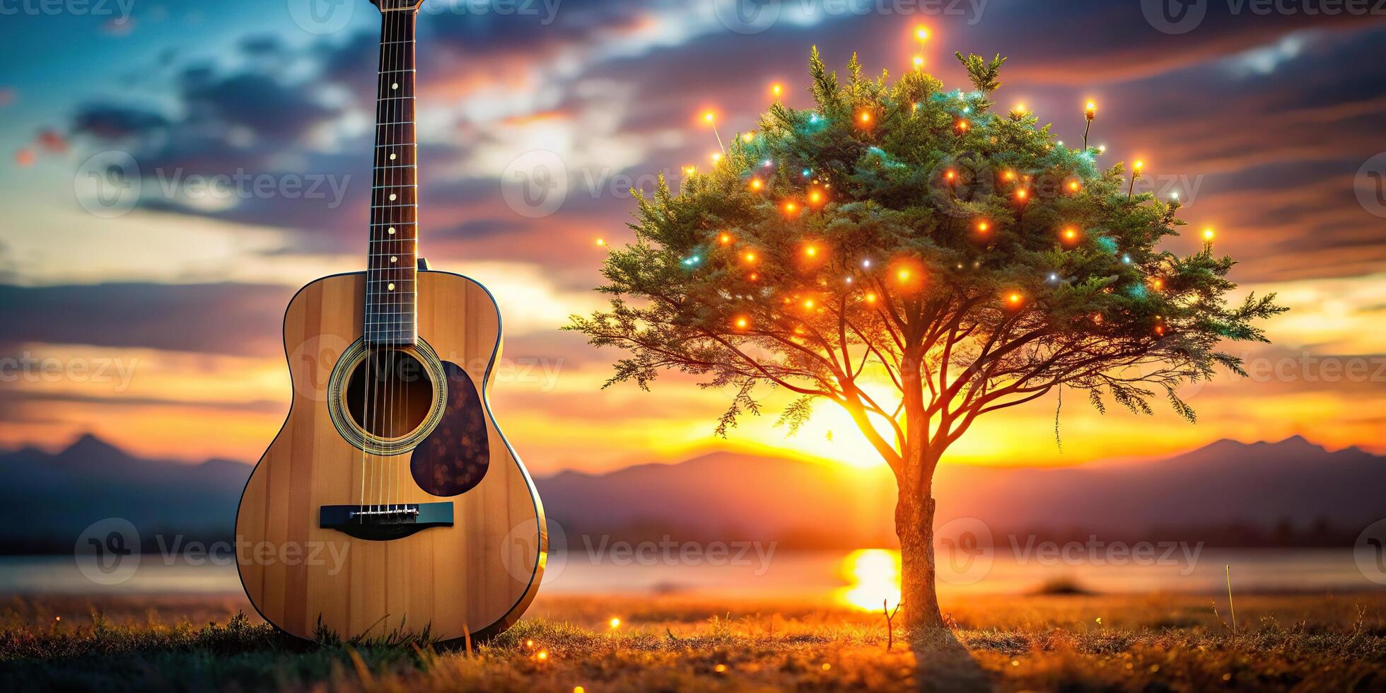 A mystical guitar tree illuminated by magical lights during sunset photo