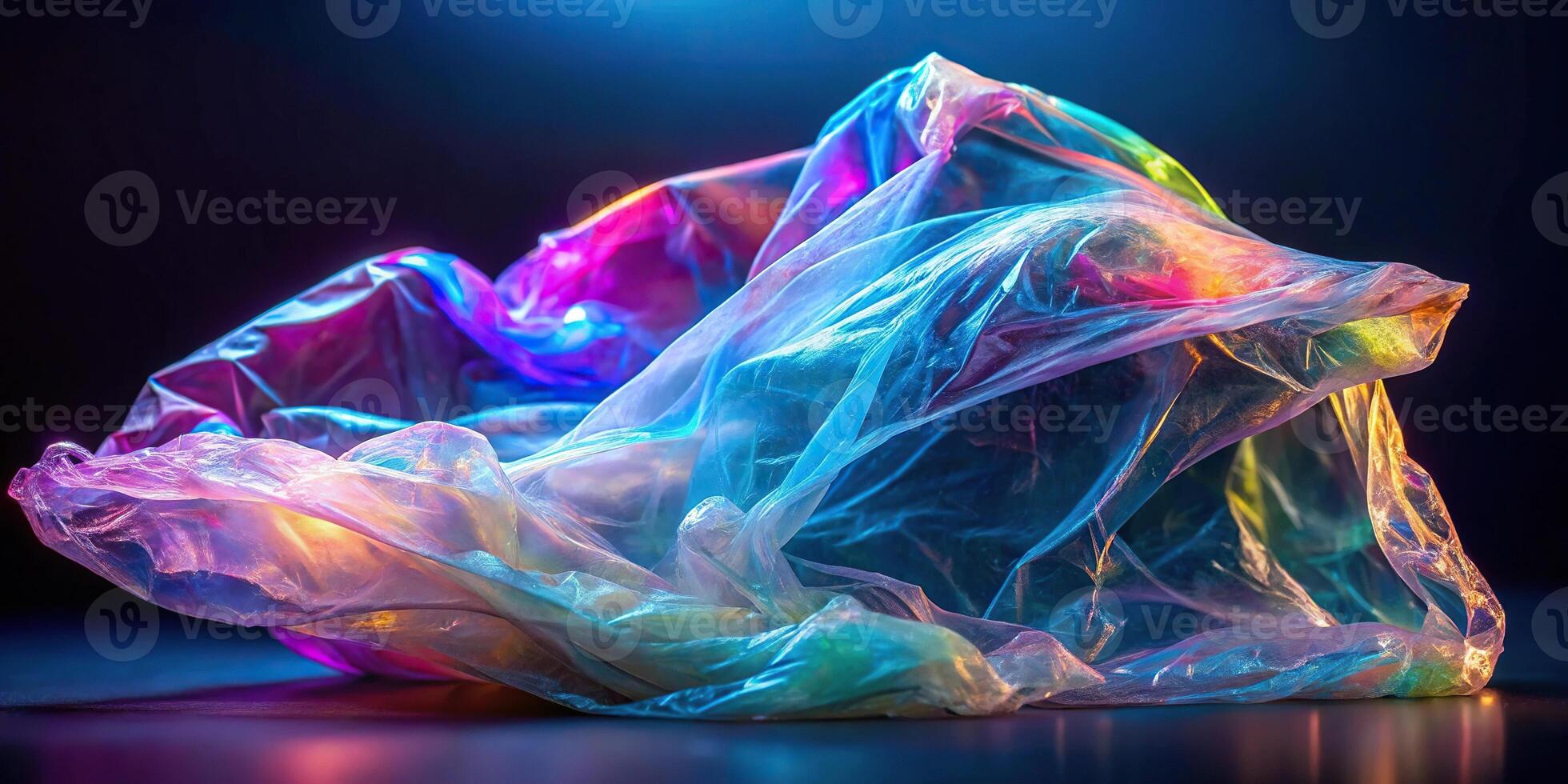 Abstract bioluminescent iridescent plastic bag flowing gracefully in background with perfect effect overlay for photoshoot or mockups point of view photo