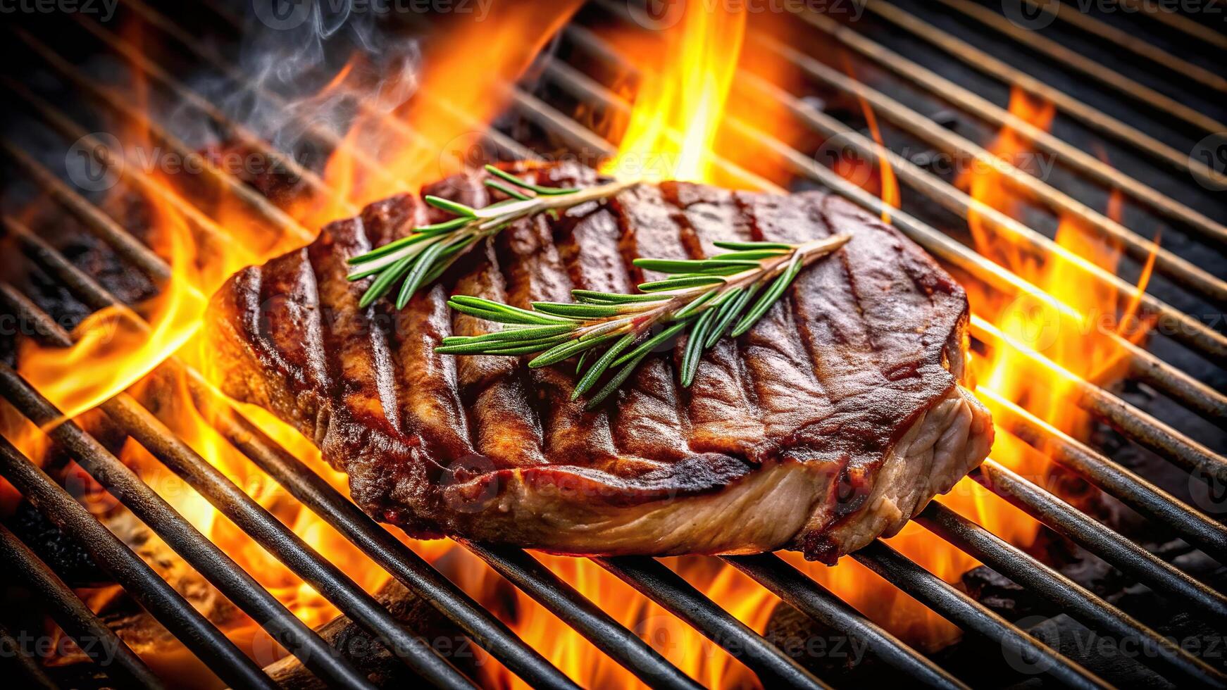 A perfectly cooked steak on the grill with flames and rosemary photo