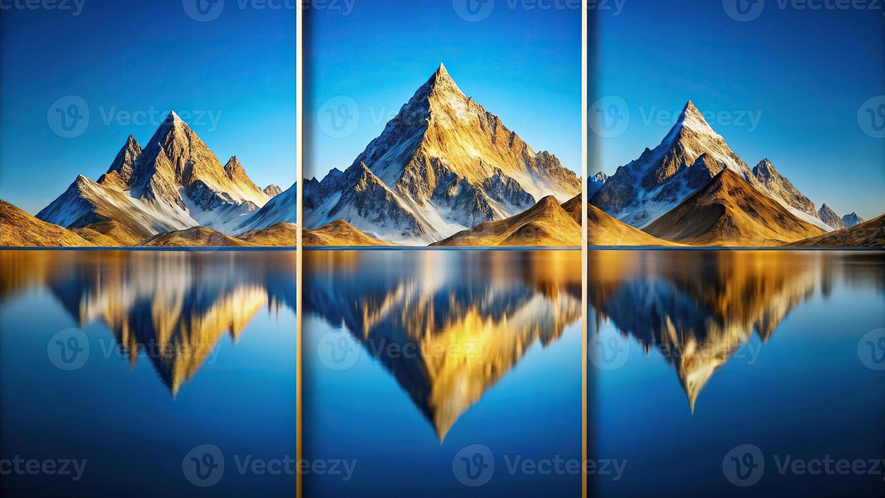 Abstract blue and gold mountain triptych reflected in water photo