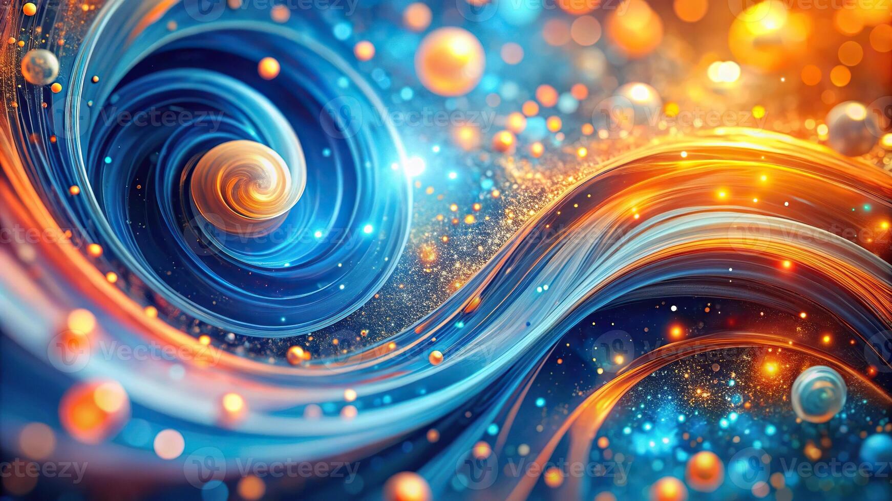 Abstract blue and orange shiny swirly fluid sparkling circles bokeh and flying glitter dust particles background photo