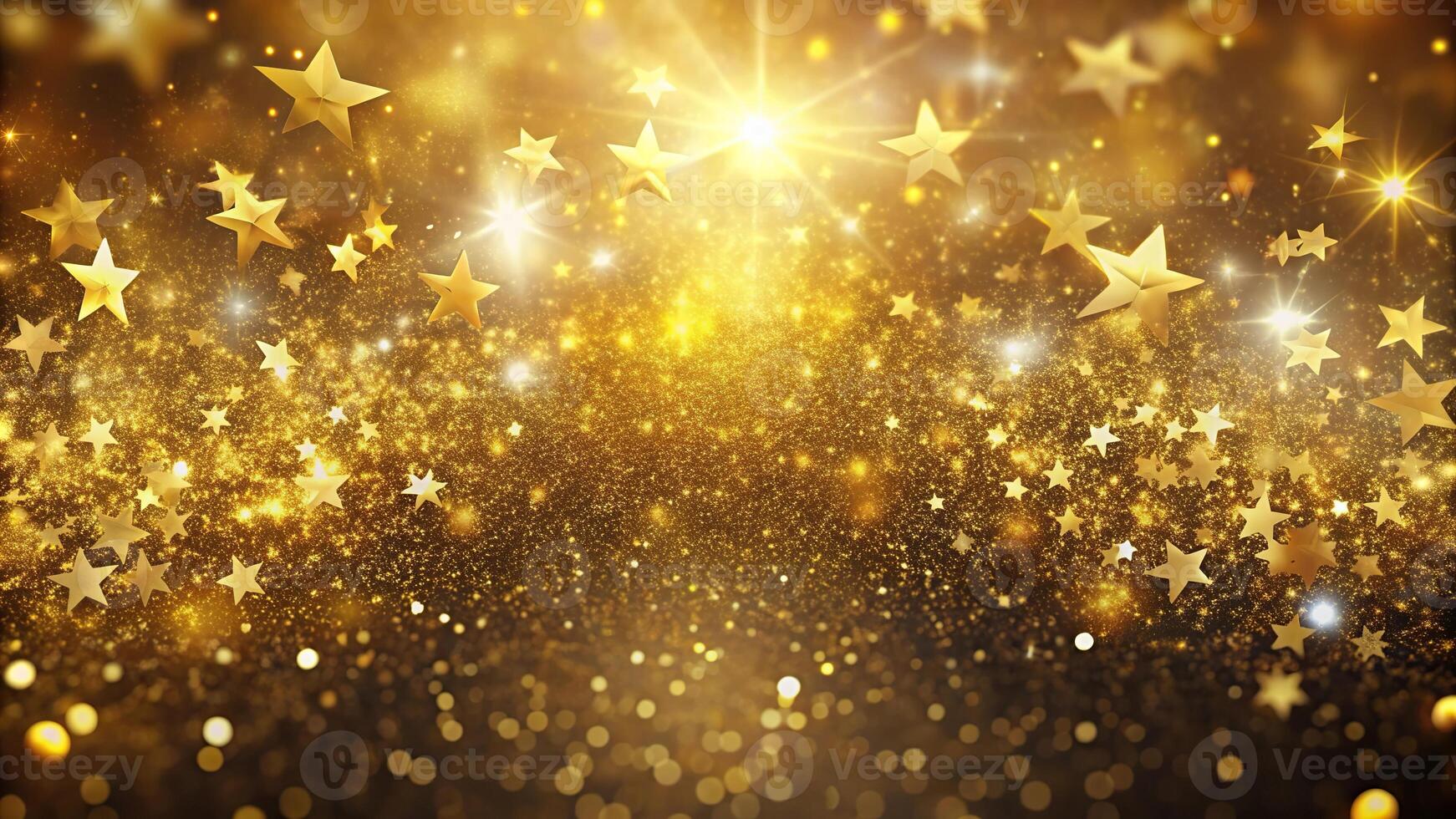 abstract background with gold particles and star glittering in bird's eye view photo