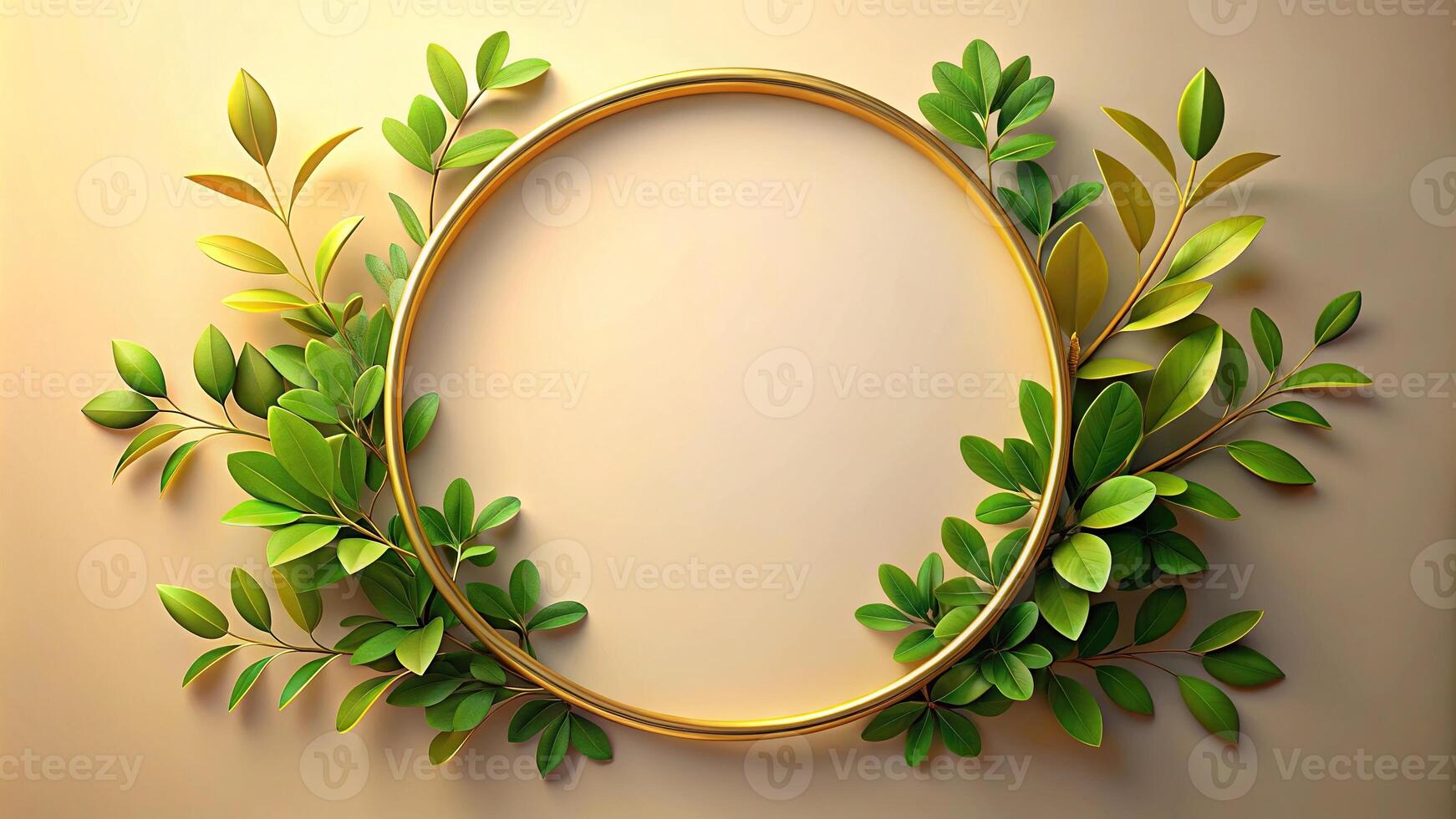 abstract background with reflection of golden circle and green leaves photo