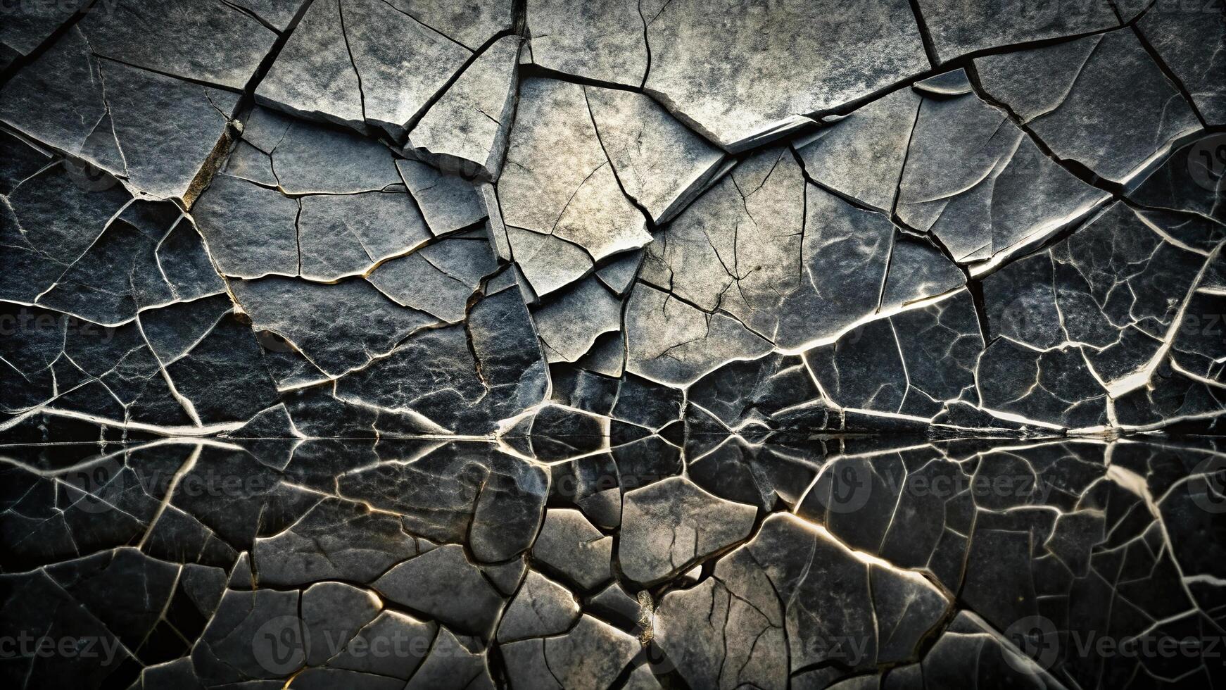 Cracked broken black rock texture background with reflection photo
