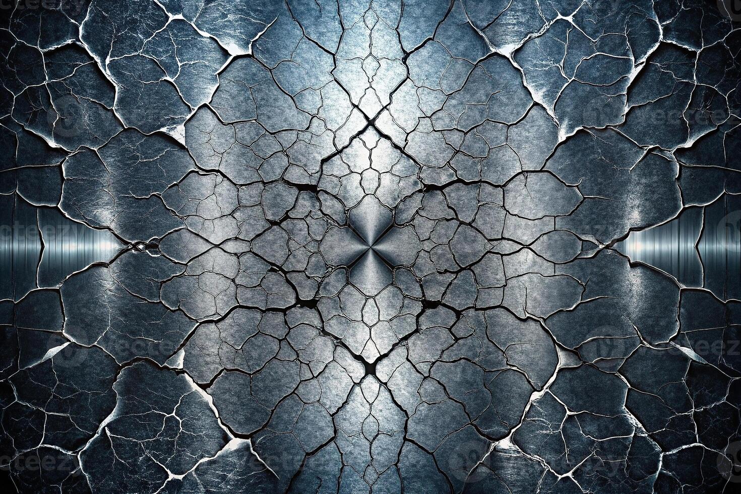 Cracked metallic surface background with jagged textures and reflective highlights photo
