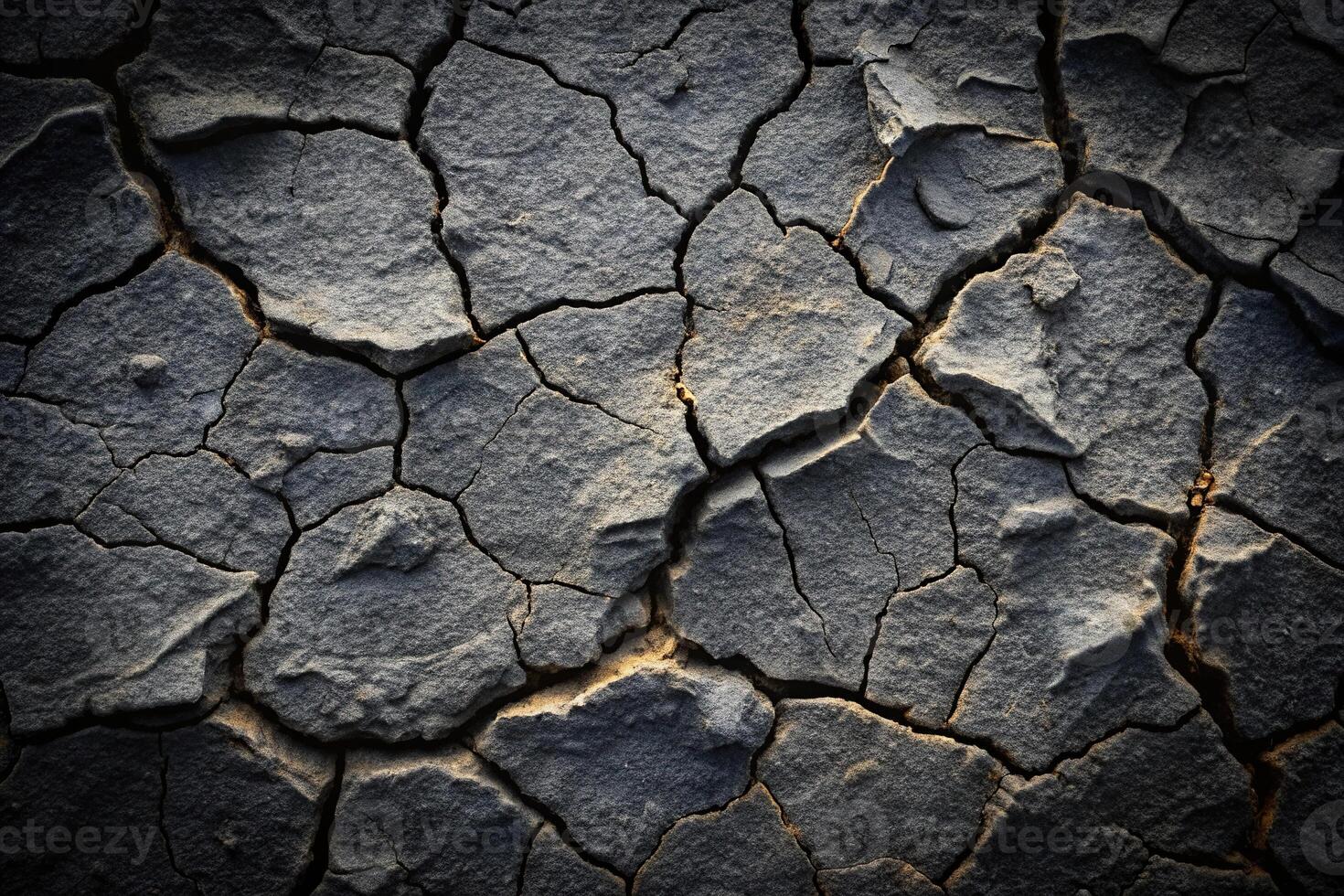 Cracked broken black rock texture background at eye level photo