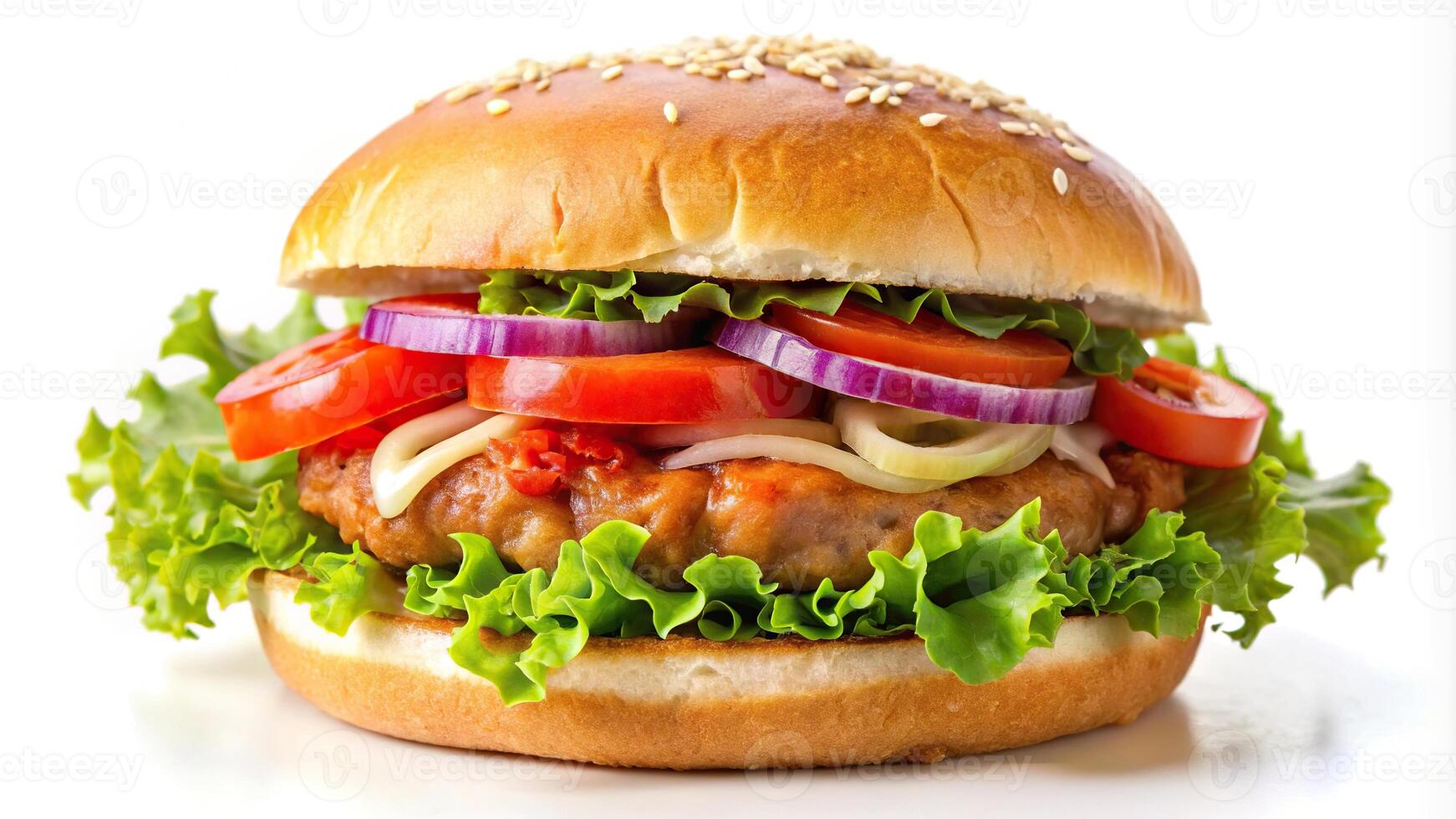 Delicious pork bun burger with fresh toppings, ideal for advertising photo