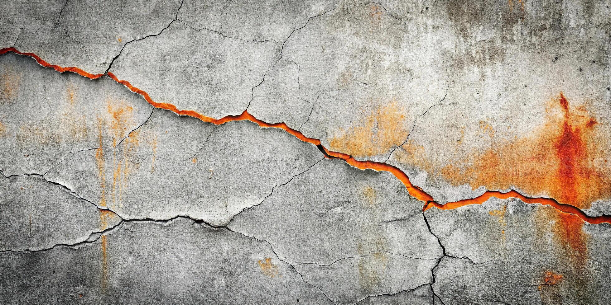 Cracked grey cement wall texture background with orange stains, featuring leading lines photo