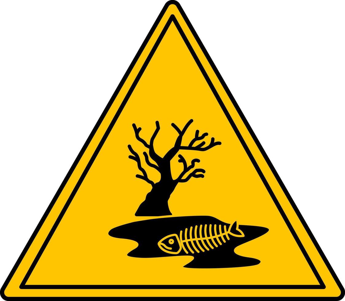 Yellow Sign Dangerous for Environment. Icon. Dried Tree and Fish Skeleton in a Puddle. Environmental pollution. Danger Warning Sign vector