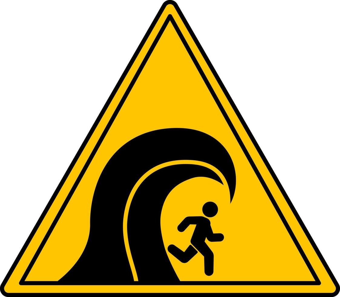 Yellow Tsunami Hazard Sign. Icon. Man Running From a Big Wave. Danger Warning Sign vector
